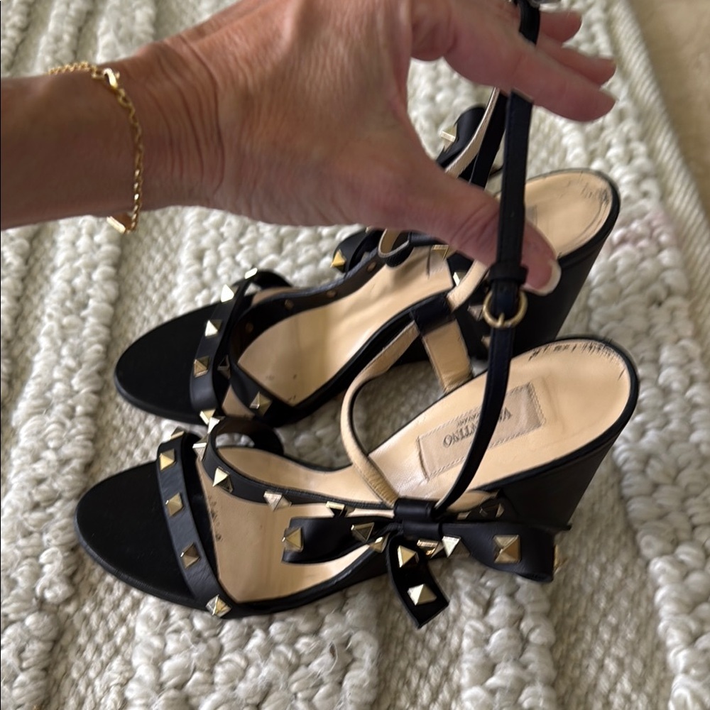 Valentino Black Wedge Sandals with Gold Studs